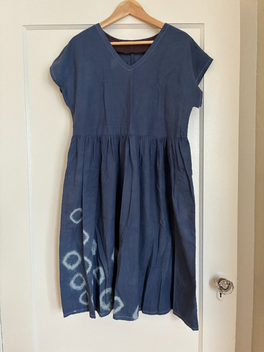 Handmade Hand Dyed Blue Knee Length Dress Size Medium - 90s flowy pattern